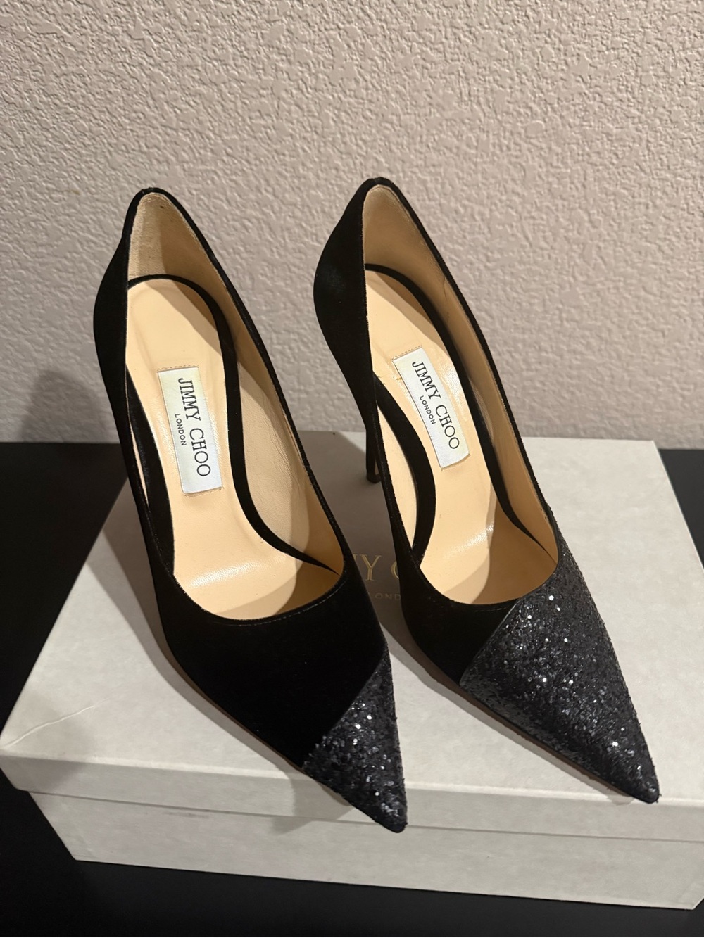 Jimmy Choo Black Suede Pointed Pumps with Glitter Toe Caps